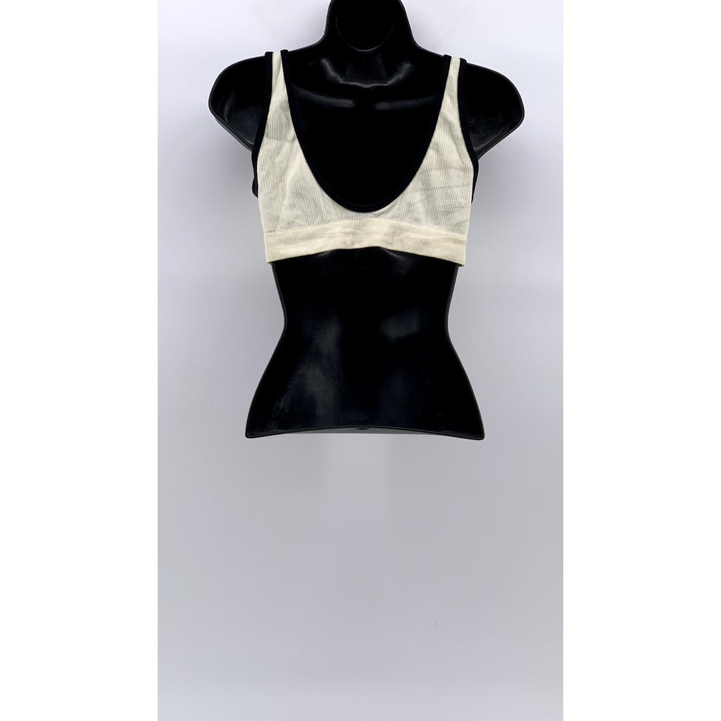 UNBRANDED Women's Cream-Black Ribbed V-Neck Sports Bra SZ L