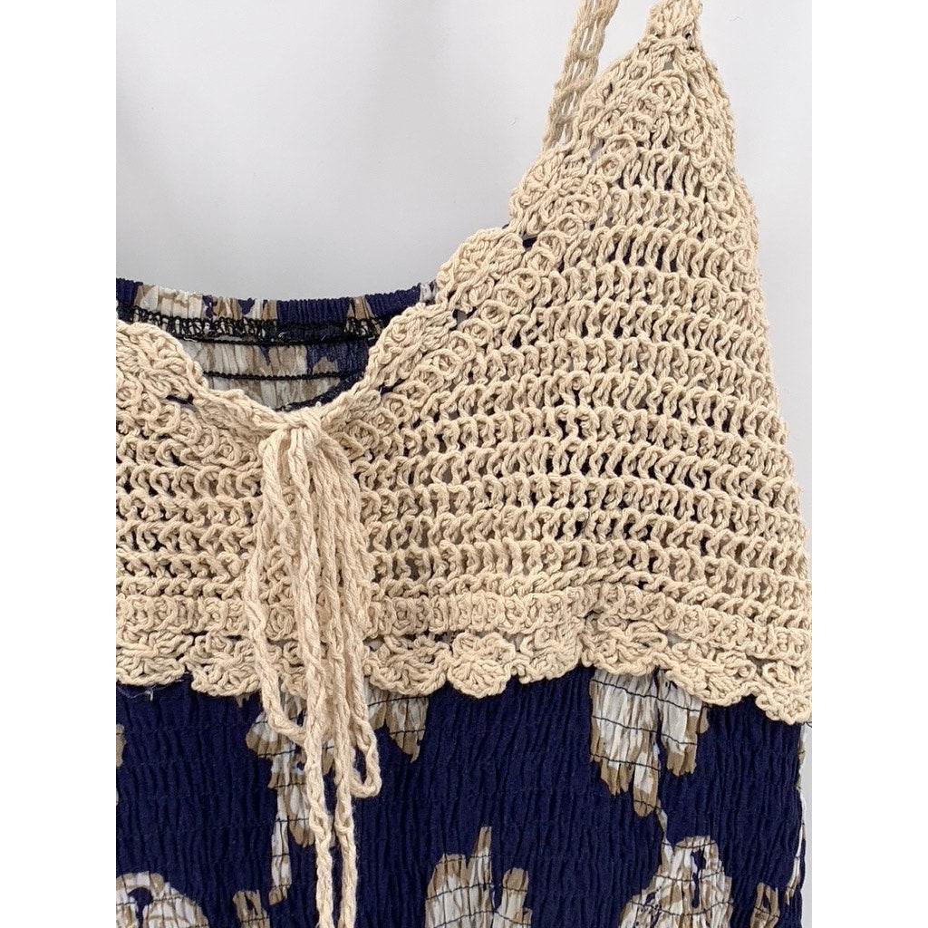 UNBRANDED Women's Blue Beige Printed Crochet Knit V-neck Maxi Dress SZ S