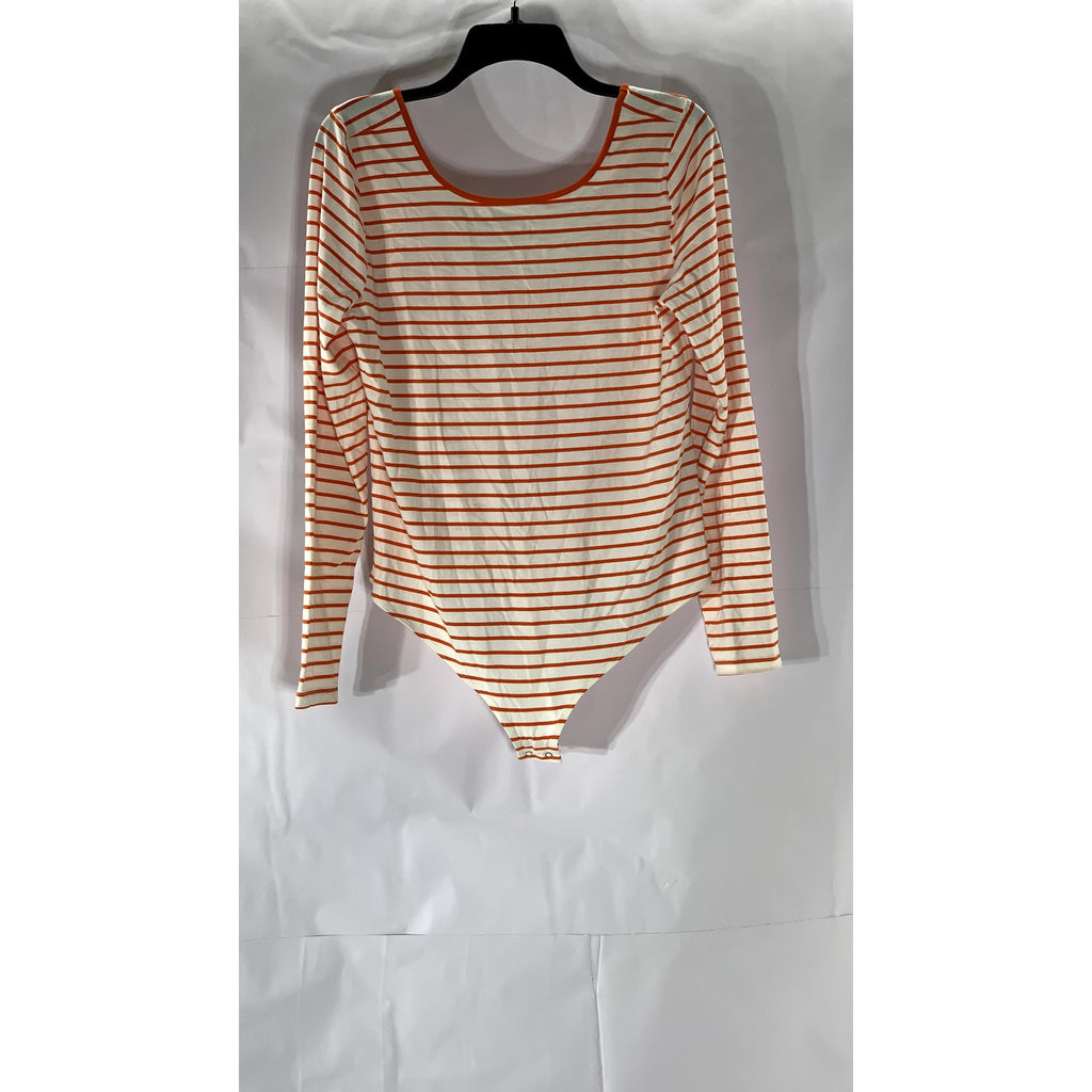ON 34TH Women's Orange-White Striped Scoop-Neck Long Sleeve Bodysuit SZ L