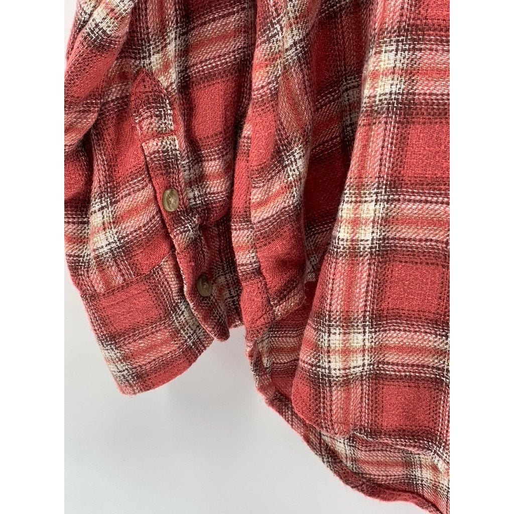 AMERICAN EAGLE Men's Red Plaid Button-Up Hooded Long Sleeve Sweater Shirt SZ L