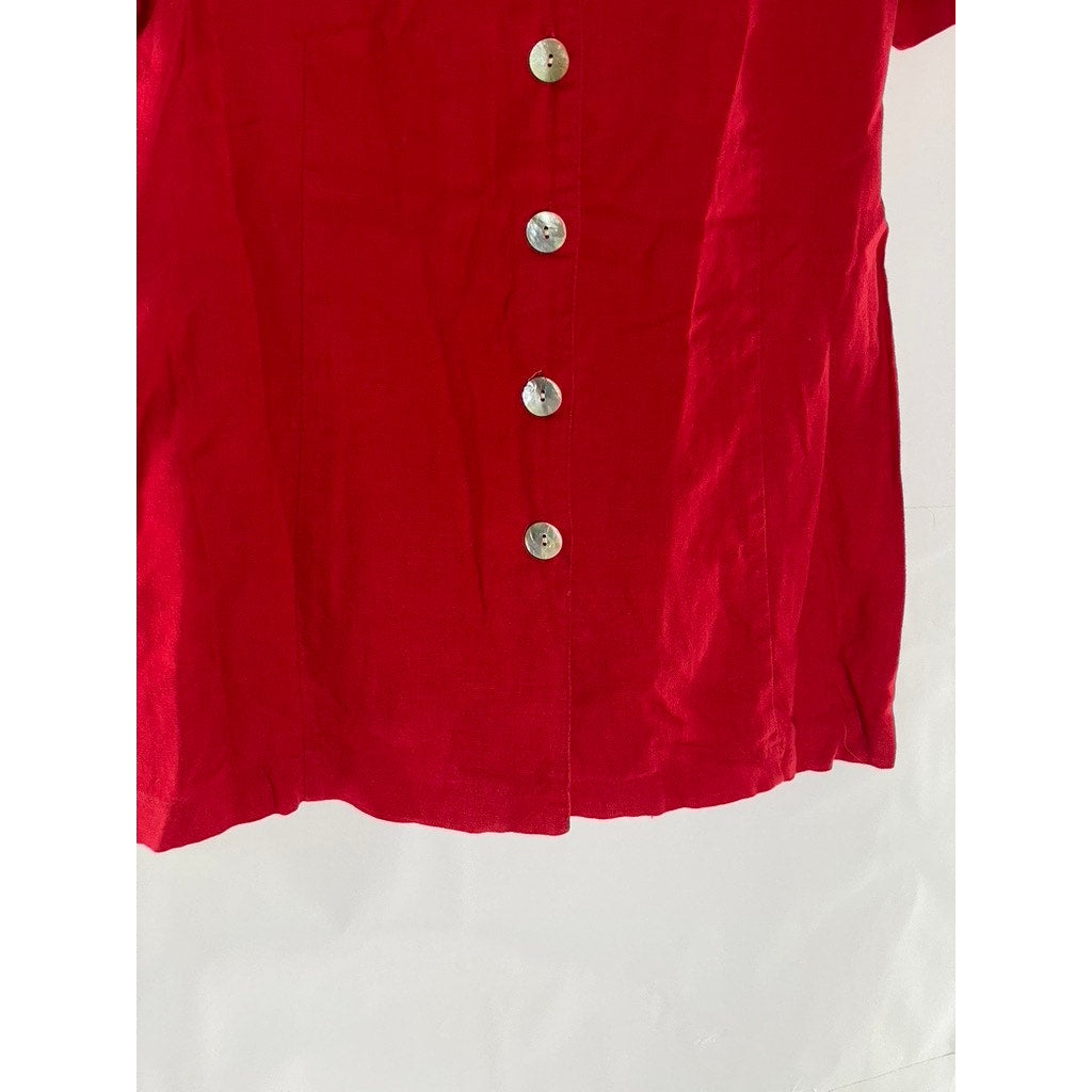 CAROL ANDERSON Women's Vintage Red Linen-Blend V-Neck Button-Up Top SZ 12