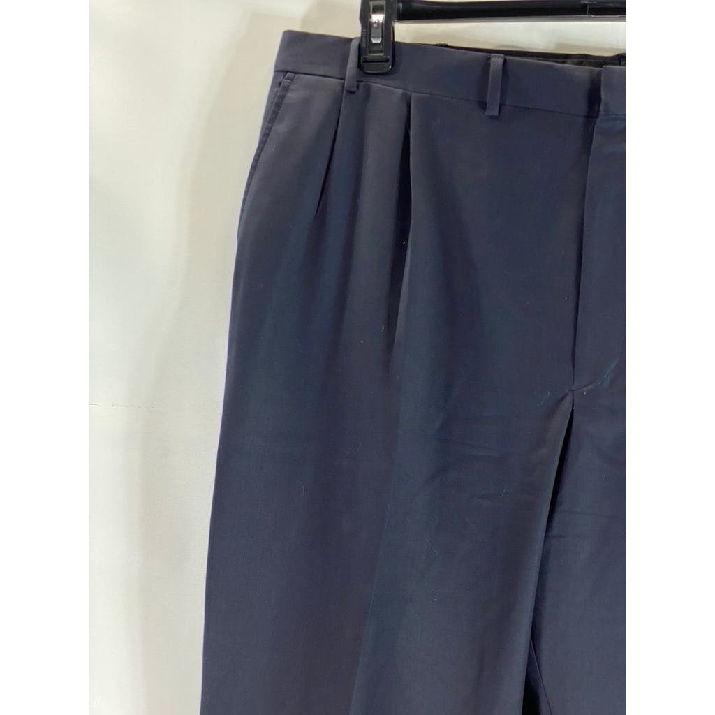 LANDS' END Men's Long Navy Comfort Waist Pleated Wool Cuffed Pant SZ 44L