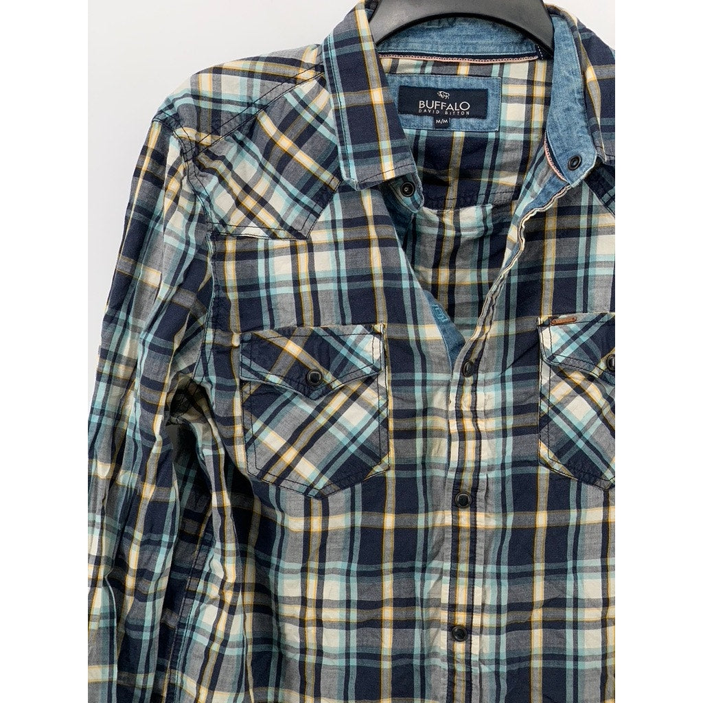 BUFFALO DAVID BITTON Men's Blue Plaid Button-Up Long Sleeve Cotton Shirt SZ M