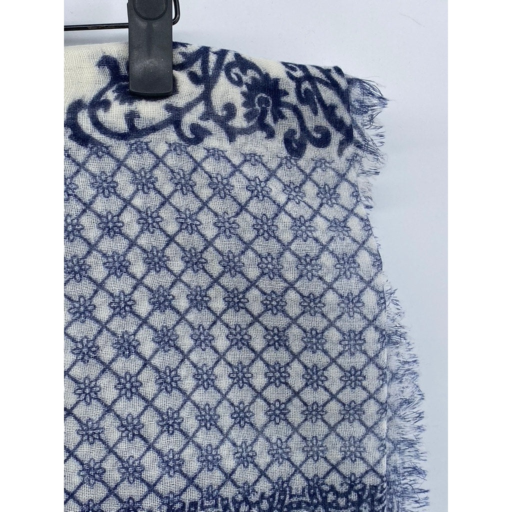 INDIGO HANDLOOM Women's Blue-White Printed Fringe Knit Scarf SZ OS