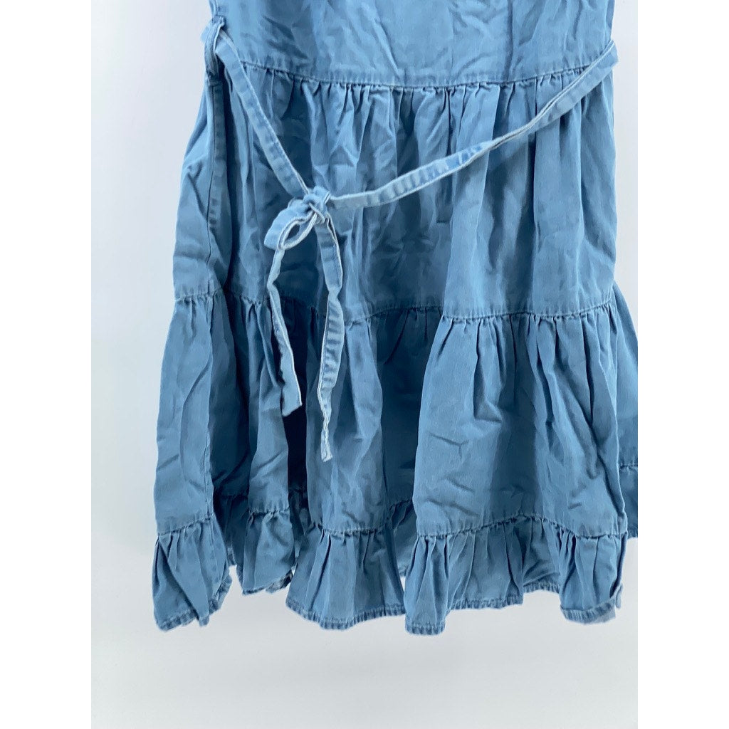 PRIMARK Women's Blue Denim Crewneck Ruffle Belted Fit & Flare Mini Dress SZ 8