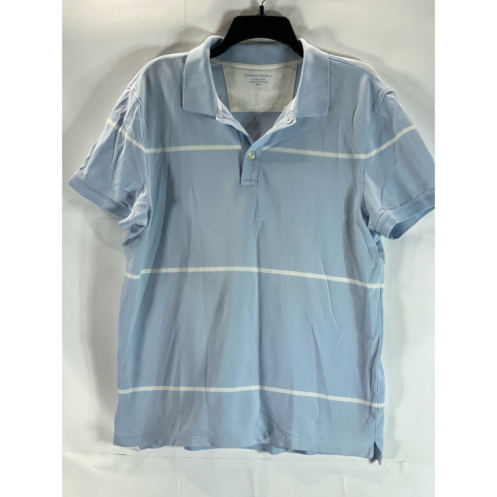 BANANA REPUBLIC Men's Blue Striped Short Sleeve Fitted Polo SZ L