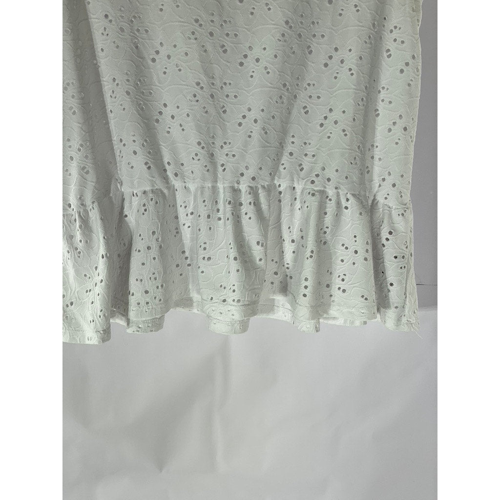 NANETTE LEPORE Women’s White Eyelet Short Sleeve Crewneck Peplum Top SZ S