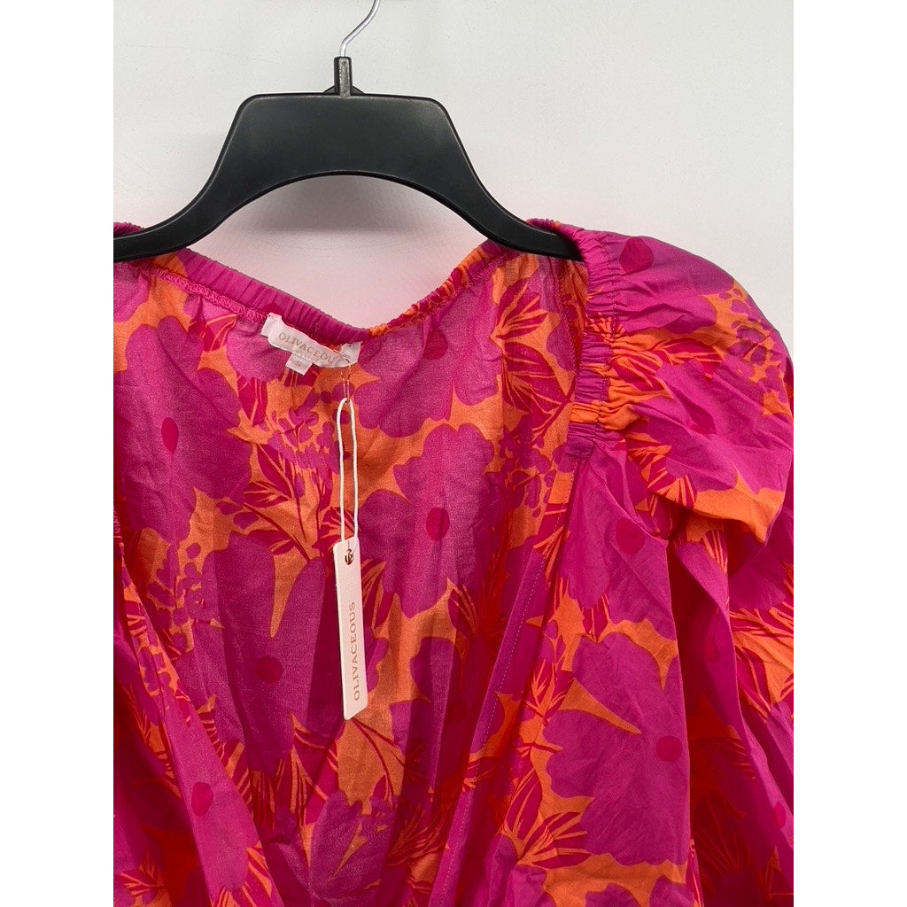 OLIVACEOUS Women's Orange-Pink Floral Puff Long Sleeve Tie-Front Top SZ S