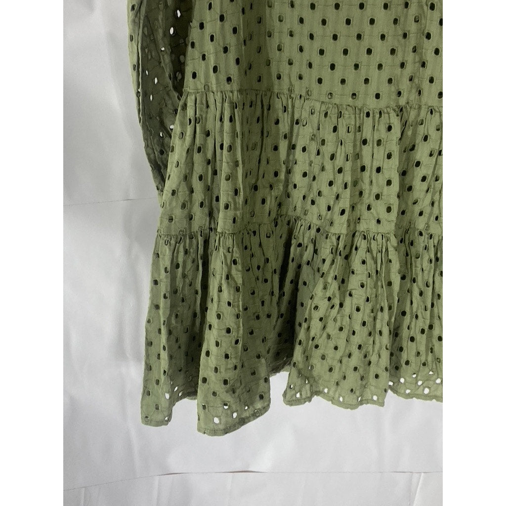 ASOS Women's Dark Green Eyelet Tie-Neck Long Sleeve Tiered Mini Dress SZ 2