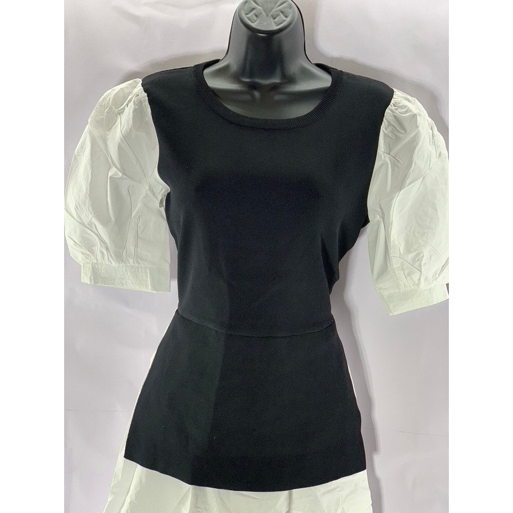 ENGLISH FACTORY Women's Black/White Short Puff Sleeve Poplin Mini Dress SZ L