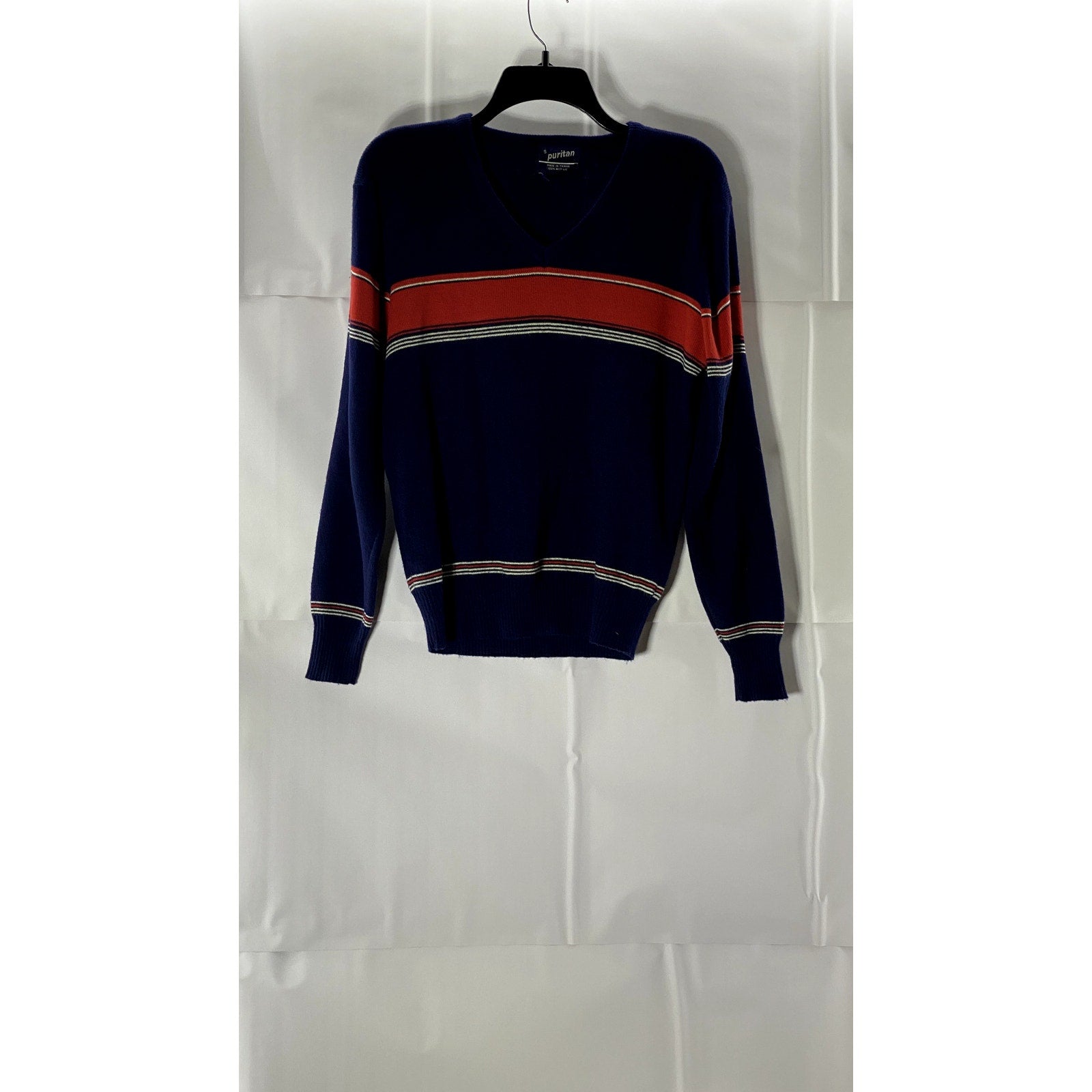 PURITAN Men's Blue/Red Striped V-Neck Regular-Fit Pullover Sweater SZ S