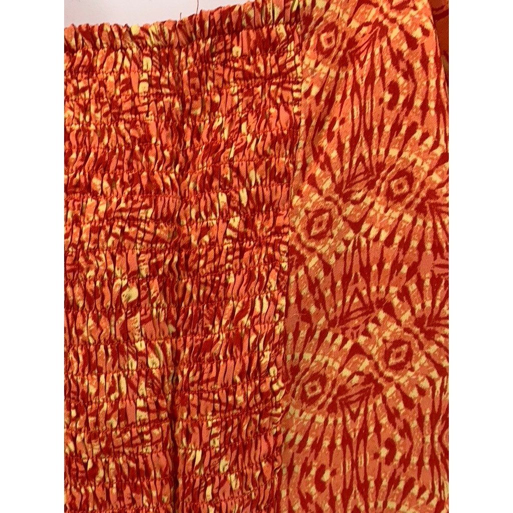 AQUA Women's Orange Printed Lace-Up Short Puff Sleeve Smocked Crop Top SZ XS