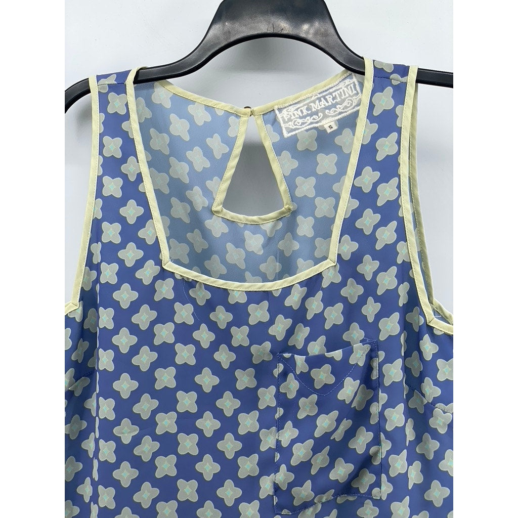 PINK MARTINI Women's Blue-Yellow Floral Square-Neck Relaxed-Fit Top SZ S