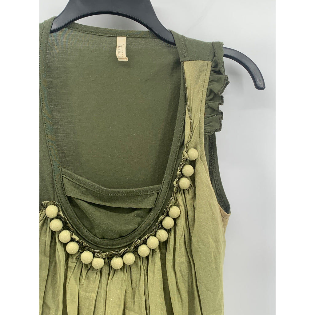 M+P+E Women's Green Scoop-Neck Ball Detail Ruffle Tank Top SZ M