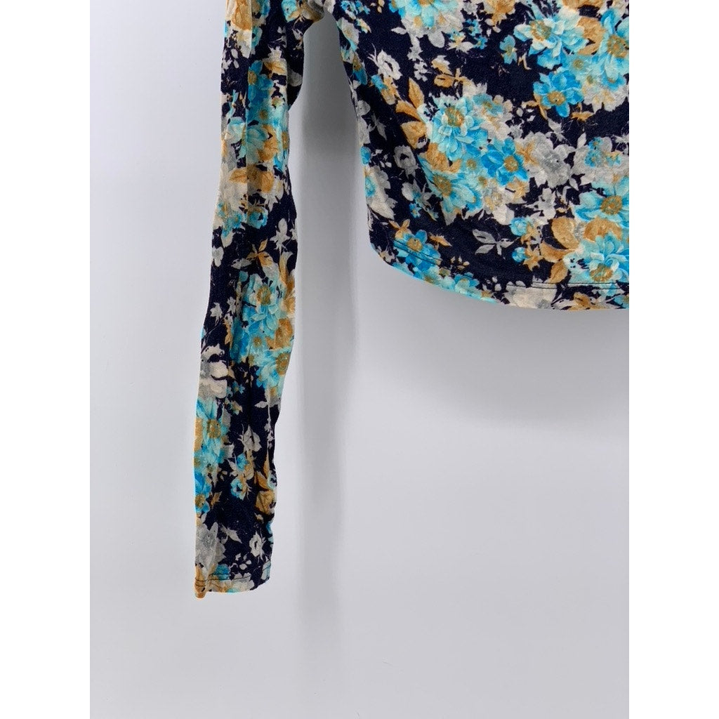CHARLOTTE RUSSE Women's Blue Floral Scoop-Neck Long Sleeve Tie-Open Back SZ M