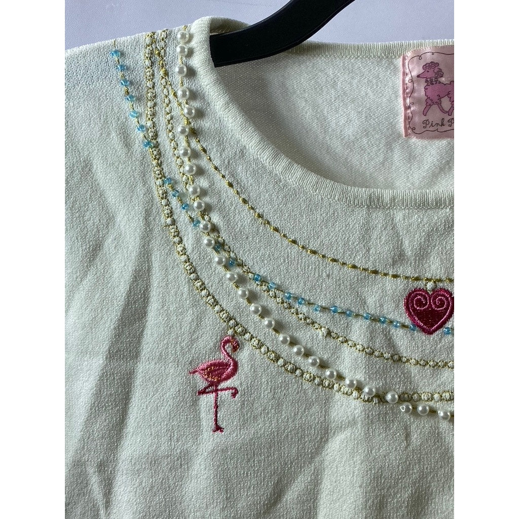 PINK POODLE Women's Cream Embroidered Faux Pearl Embellished 3/4 Sleeve Top SZ M