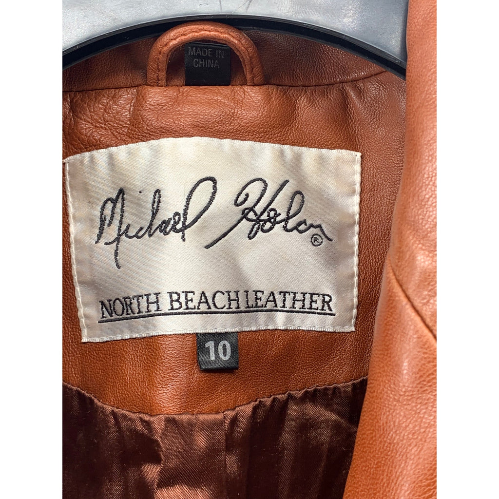 MICHAEL HOBAN Women’s Brown Leather North Beach Button-Up Long Sleeve Coat SZ 10