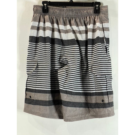 MONUMENT Men's Gray/Black Striped Elastic Drawstring Pull-On Board Shorts SZ S