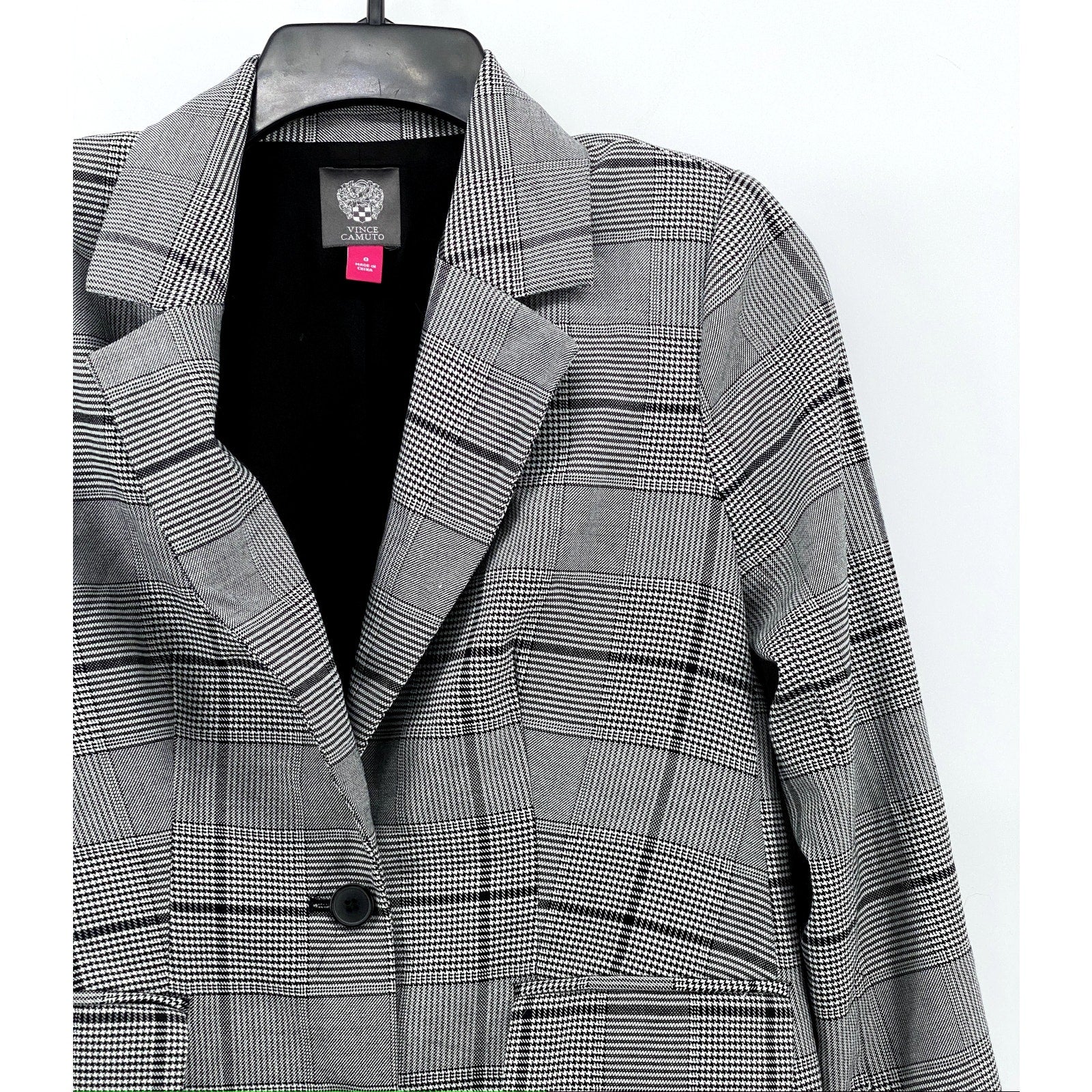 VINCE CAMUTO Women's Black Bold Glen Plaid Two-Button Notch Collar Blazer SZ 0