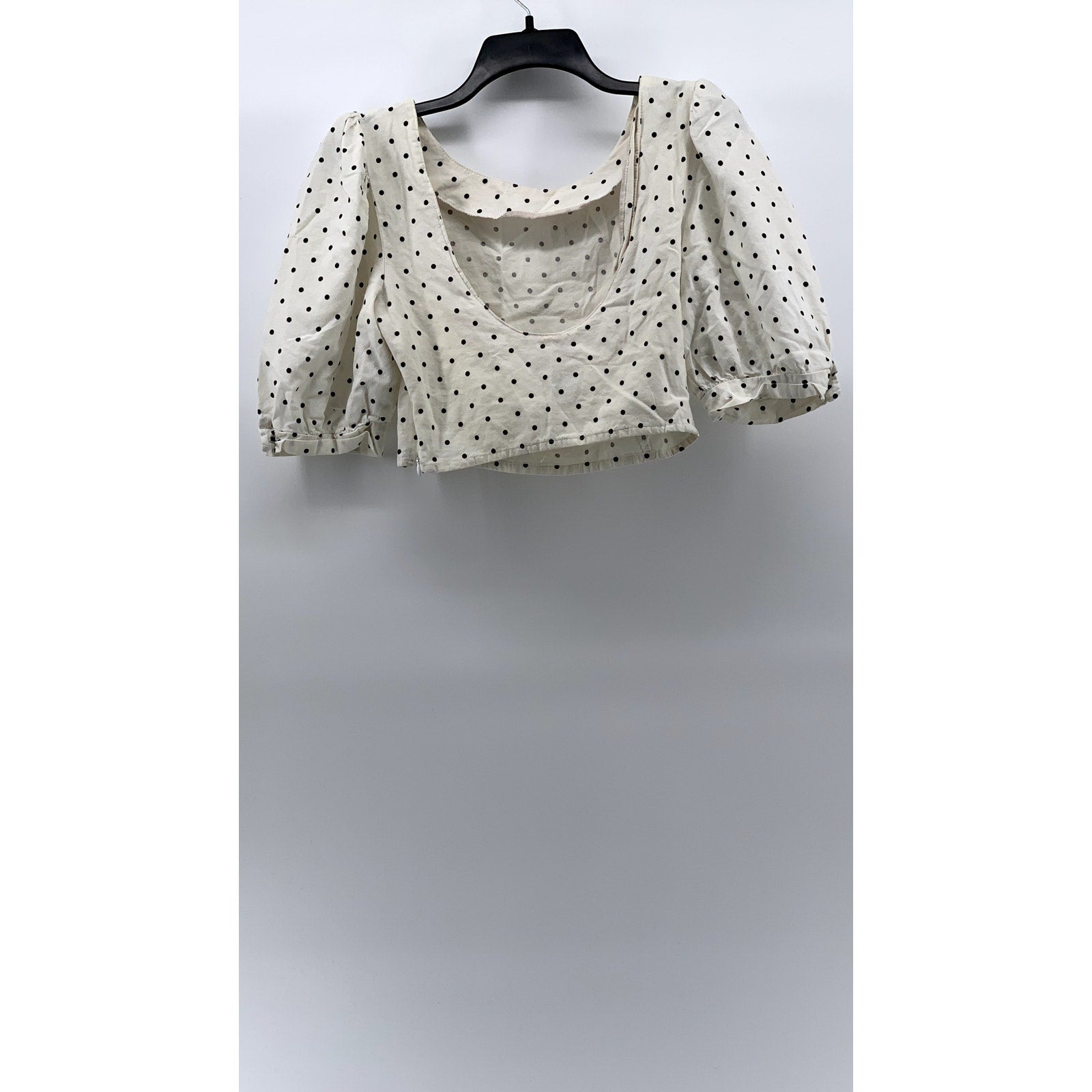 UNBRANDED Women's White-Black Micro Dot Print Balloon Sleeve Cropped Top SZ S