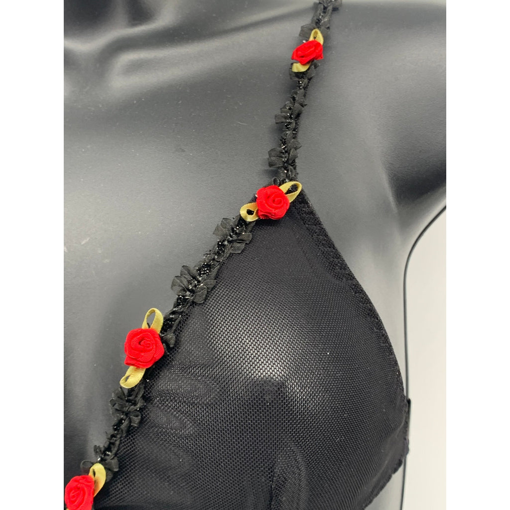 UNBRANDED Women's Black Mesh 3D Rose Floral Trim V-Neck Bralette SZ S