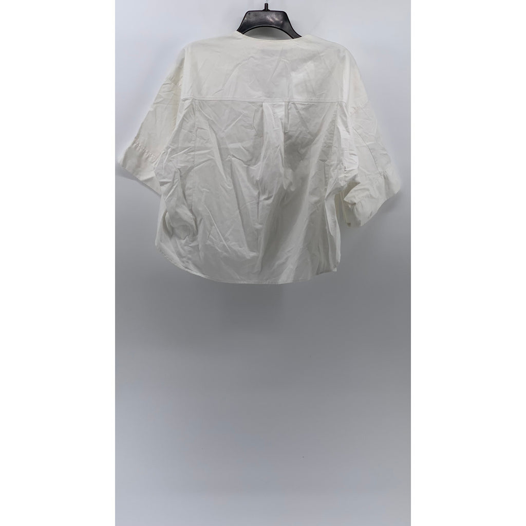 ZARA Women's White Solid Two-Button V-Neck Short Rolled Sleeve Top SZ M