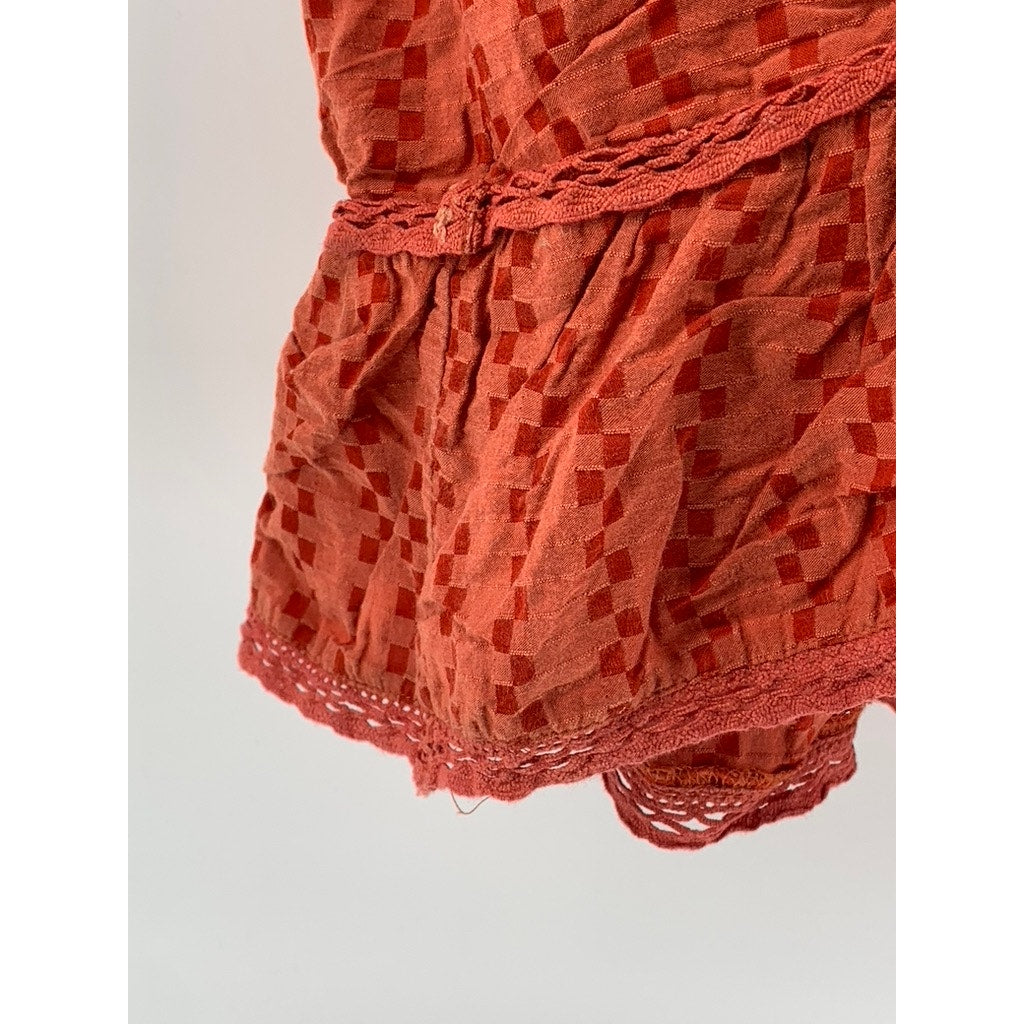 ATTIC SALT Women's Orange Square Print Embroidered Lace-Trim Sleeveless Top SZ S