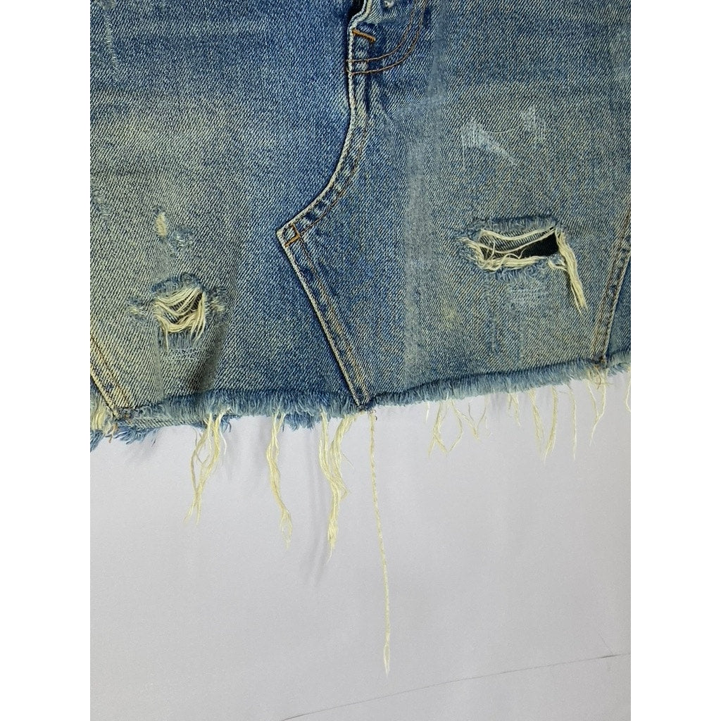 WE THE FREE Women's Blue Denim Distressed Raw-Hem Button-Fly Mini Skirt SZ 28