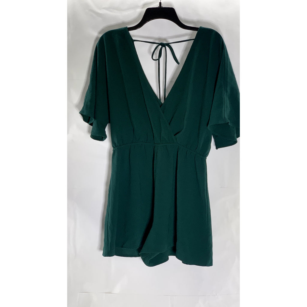 LEITH Women's Dark Green Emerald V-Neck Flowy Short Sleeve Tie-Back Romper SZ M