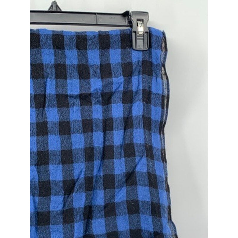 UNBRANDED Blue-Black Checkered Fringe Knit Scarf