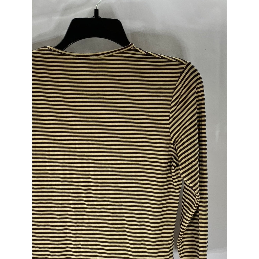 C-LECTIVE Women’s Tan-Brown Striped Crewneck 3/4 Sleeve Top SZ M