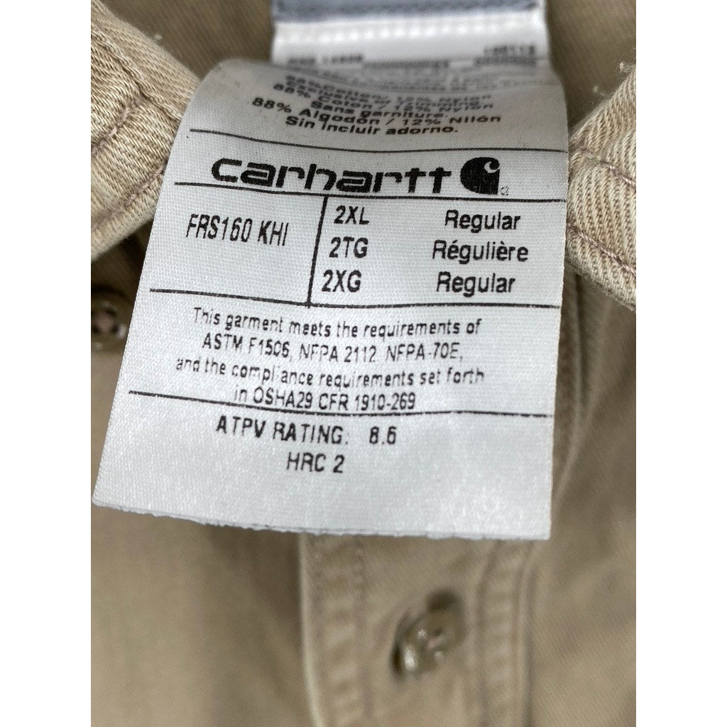 CARHARTT Men's Tan Distressed FR Regular Fit Twill Button-Up Shirt SZ 2XL