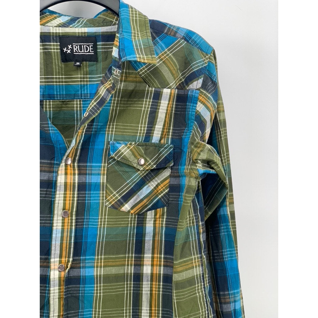 XXX RUDE Men's Green-Blue Plaid Button-Up Long Sleeve Regular-Fit Shirt SZ M