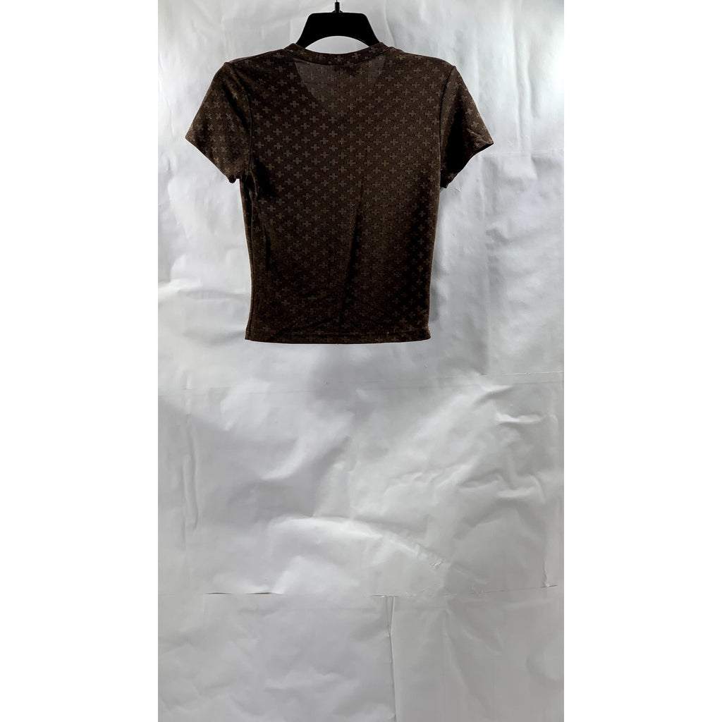 ES SE Women's Brown Cross Print Semi Sheer V-Neck Short Sleeve Top SZ M