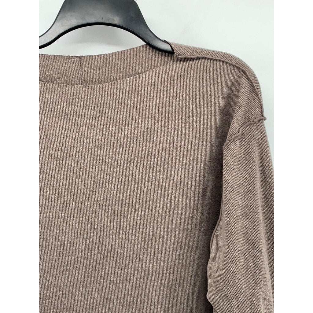 UNBRANDED Women's Brown Ribbed Boat-Neck Long Sleeve Top SZ M