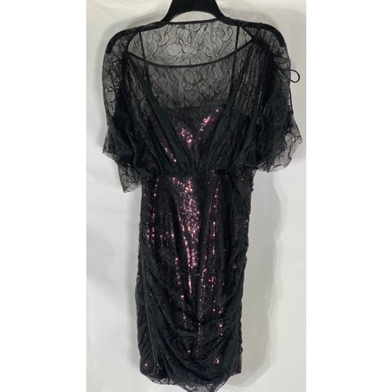 VIVIENNE TAM Women's Black-Purple Sequin Embellished Lace Overlay Mini Dress SZ4