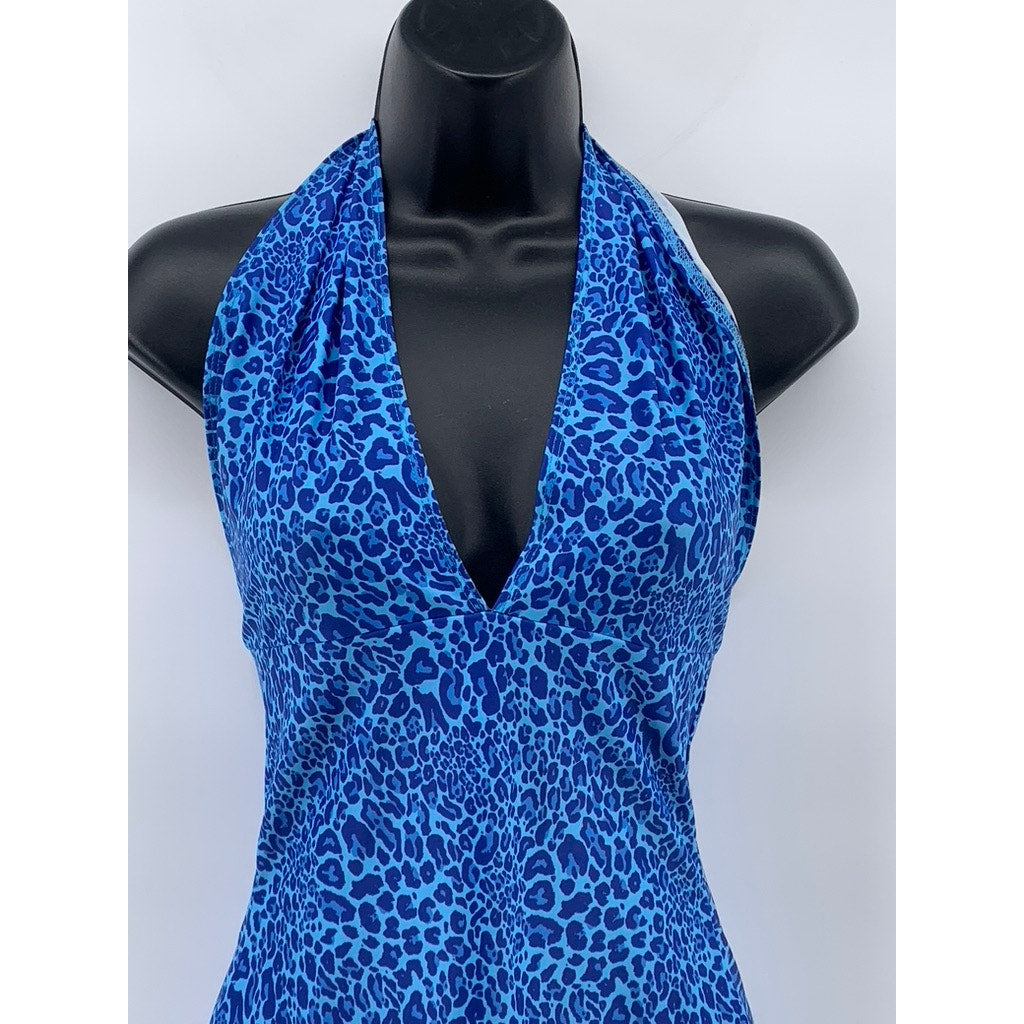 UNBRANDED Women's Blue Y2K Cheetah V-Neck Sleeveless Bodycon Mini Dress SZ S