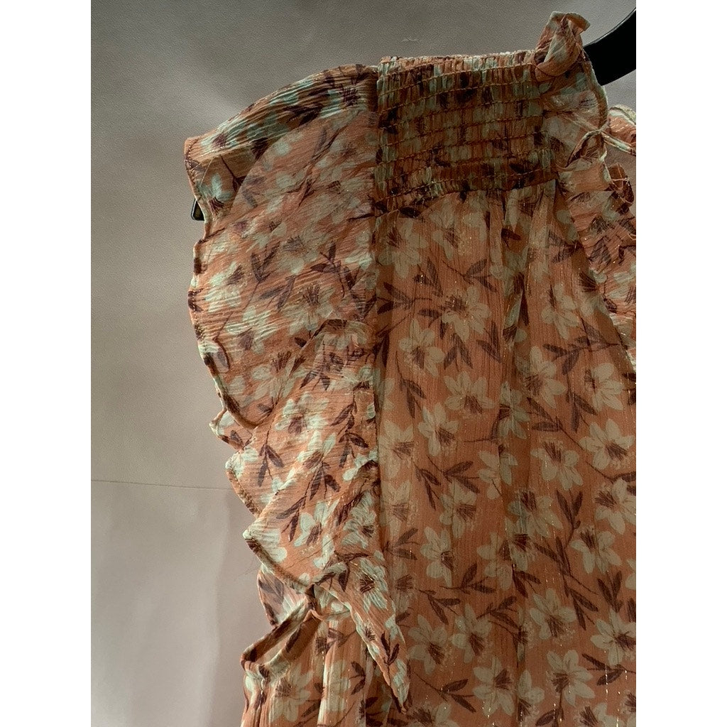 REBECCA TAYLOR Women's Peach Floral Metallic V-Neck Ruffle Short Sleeve Top SZ 2