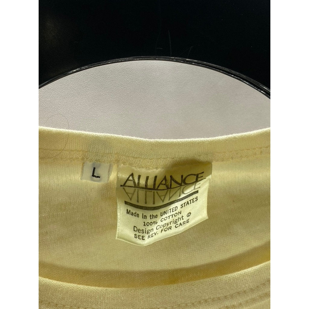 ALLIANCE Men's Beige Music Script Crewneck Long Sleeve T-Shirt SZ L