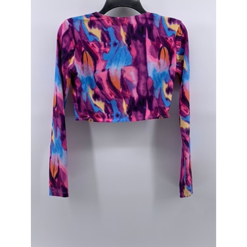 MATTE COLLECTION Women's Pink-Blue Tie-Dye Crewneck Long Sleeve Swim Top SZ M