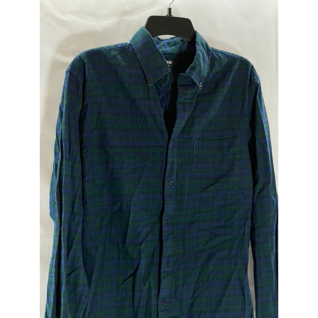 UNIQLO Men's Dark Green-Blue Checkered Regular-Fit Button-Up Flannel Shirt SZ S