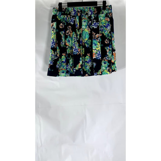 AMBIANCE APPAREL Women’s Navy Blue-Green Floral Print Elastic Waist Mini Skirt L
