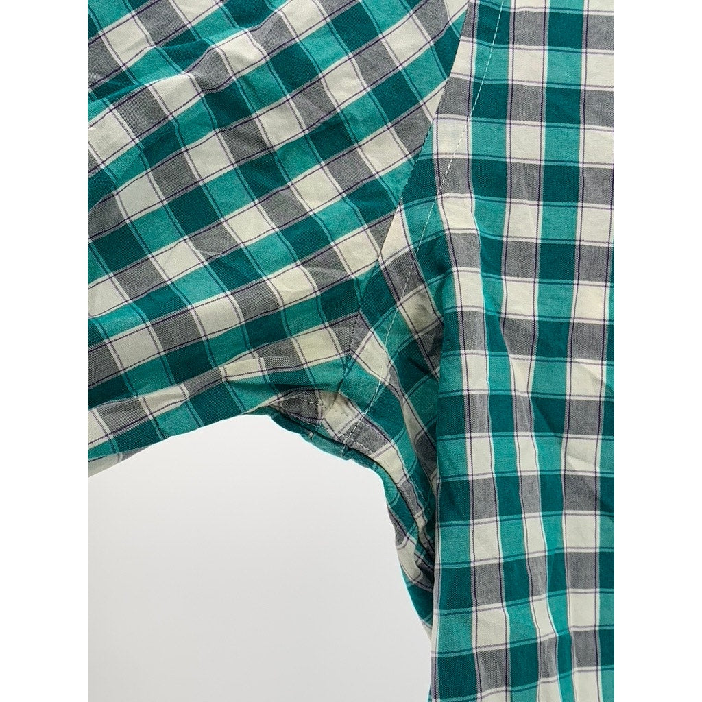 EXPRESS Men's Teal-White Plaid Extra Slim-Fit Button-Up Long Sleeve Shirt SZ M