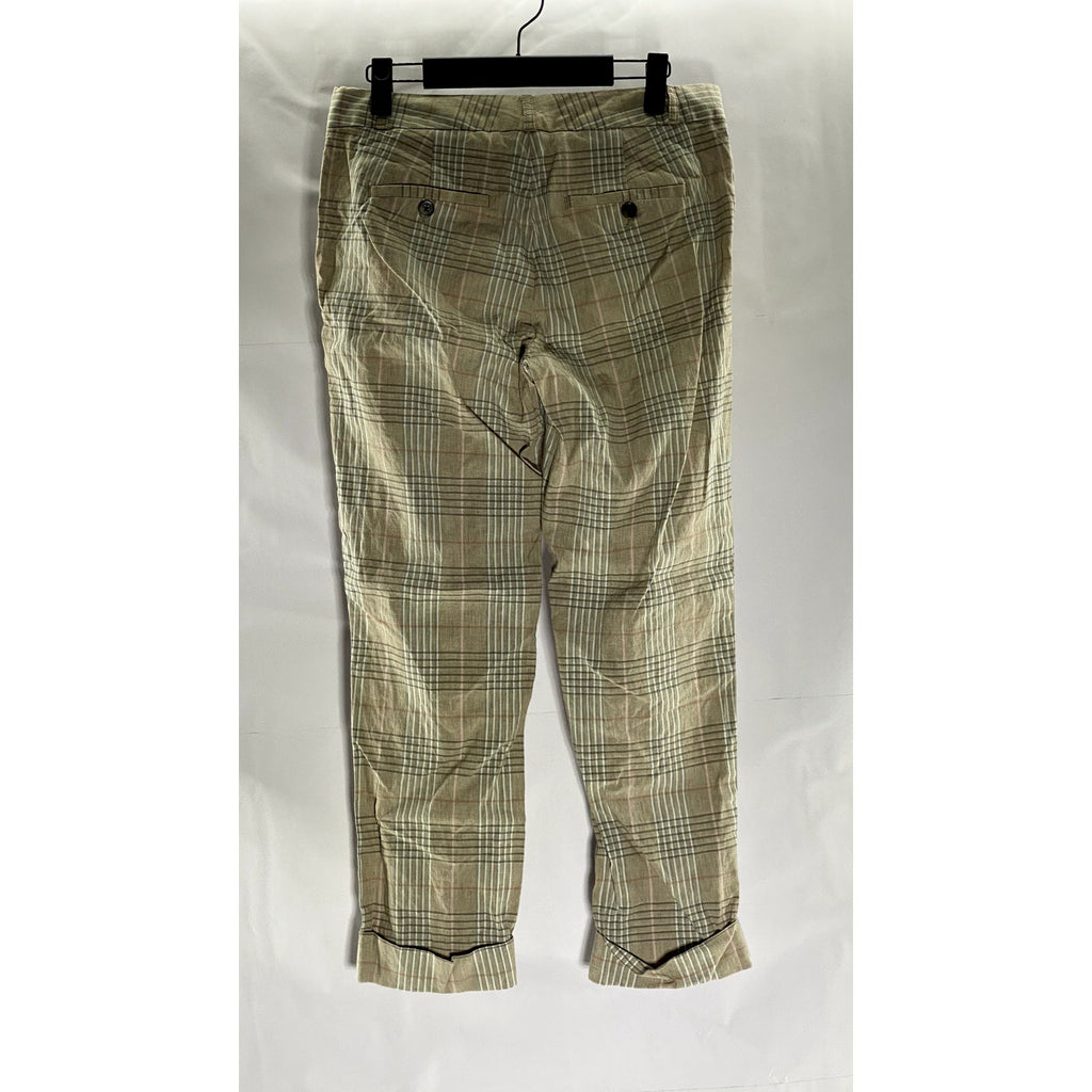 BANANA REPBULIC Women's Tan Plaid Avery Straight-Leg Linen-Blend Cuffed Pant SZ4