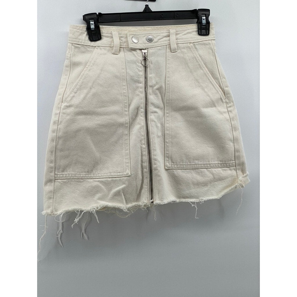 H&M Women's White & Denim Double Button Front-Zipper Raw Hem Mini Skirt SZ 2