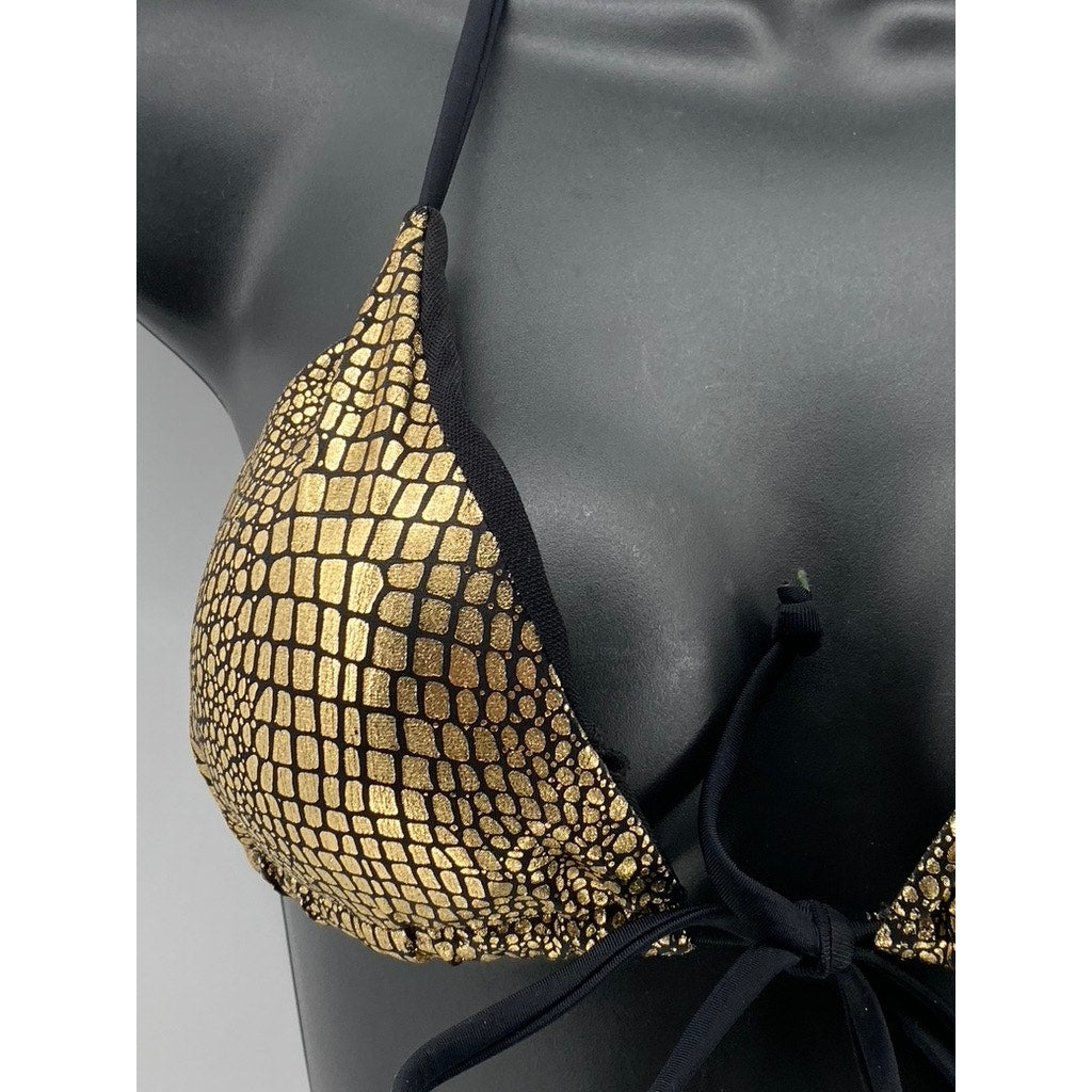 SHEIN Women's Black-Gold Metallic Snake Skin Tie-Front Bathing Suit Top SZ L