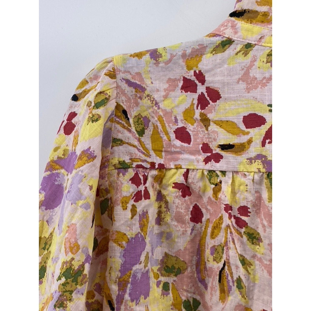LC LAUREN CONRAD Women's Beige Floral Mock-Neck Button-Up Long Sleeve Top SZ M