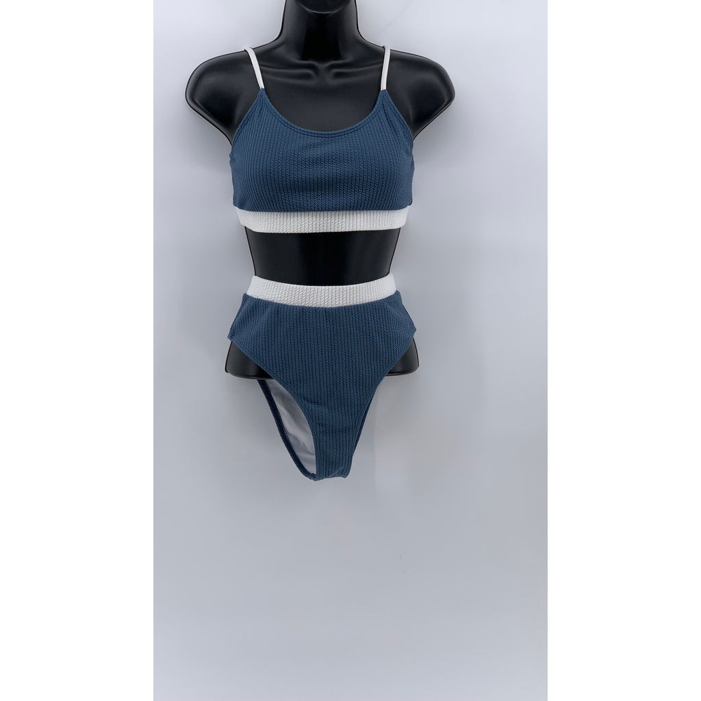 UNBRANDED Women's Dusty-Blue Ribbed Bralette High-Rise Bikini Set SZ S