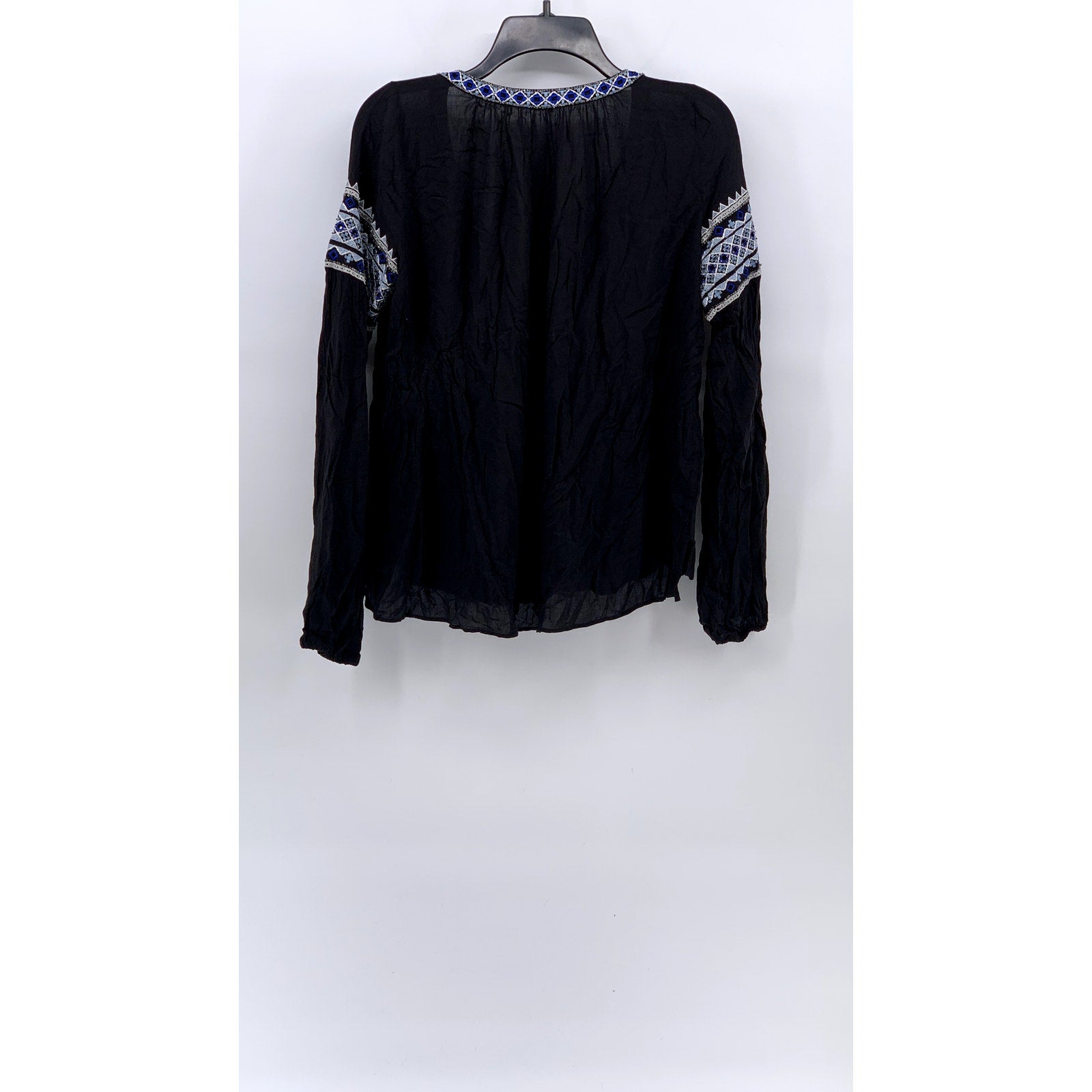 PARKER Women's Black-Blue Boho Beaded Split Tie Neck Long Sleeve Top SZ XS