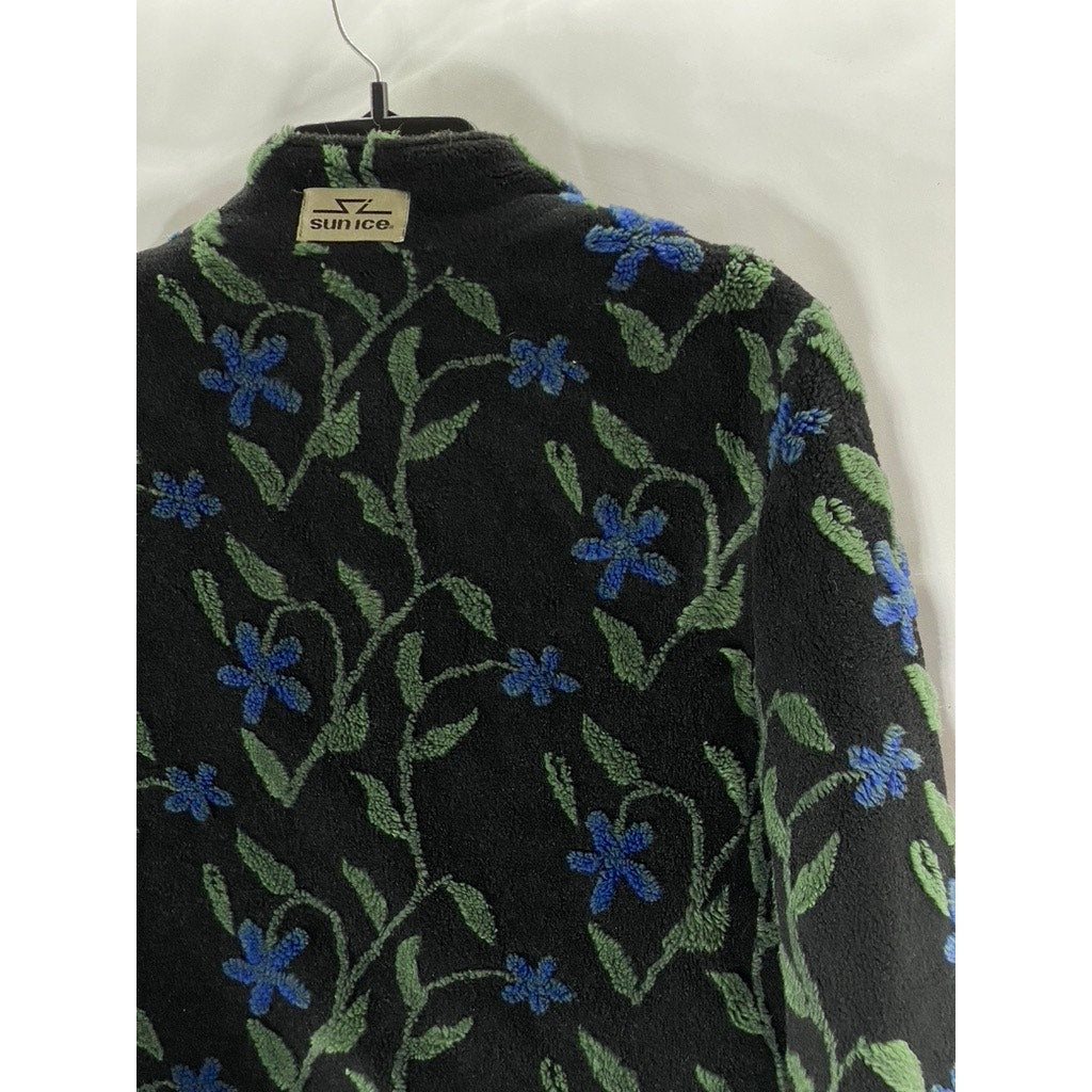 SUN ICE Women's Black Embroidered Floral Zip-Up Cropped Sweater SZ XS